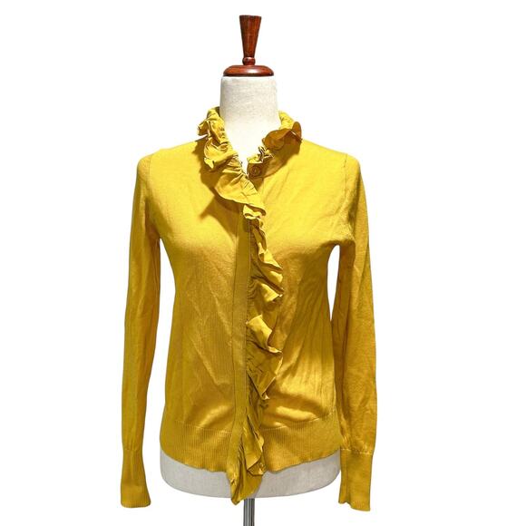 J.Crew Mustard Cardigan Small Women's Ruffled Preppy Merino Wool Sweater (15) - Picture 1 of 9